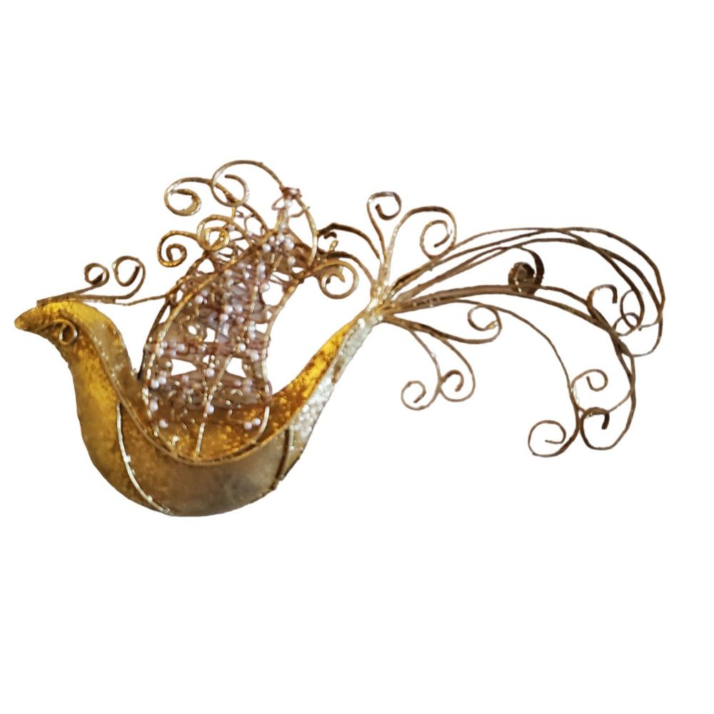 Handmade Gold Glitter Beaded Metal Peacock Ornament